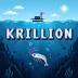 Pixel-art KRILLION wordmark above a small boat and pink shrimp in blue water